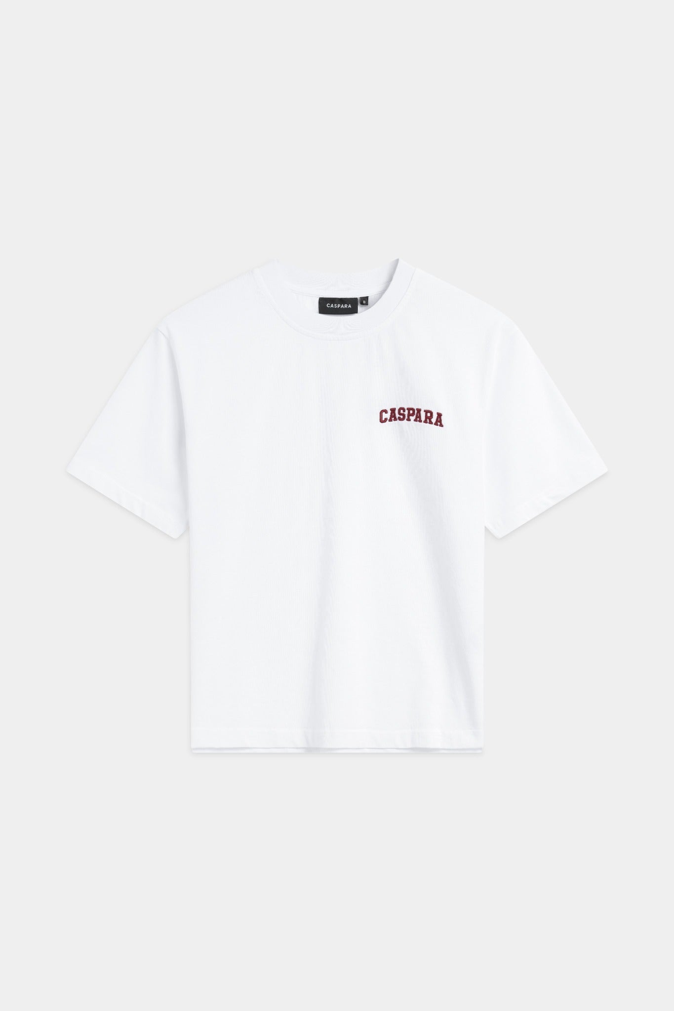 CASPARA women's varsity t-shirt in white featuring a burgundy embroidered chest logo.